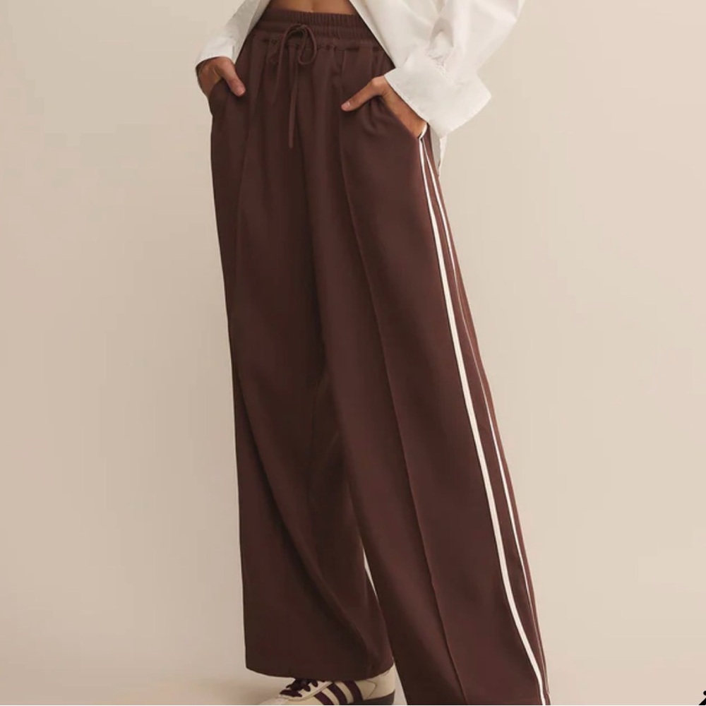 Z Supply Wide Leg Track Pants in Brown with White Side Stripes